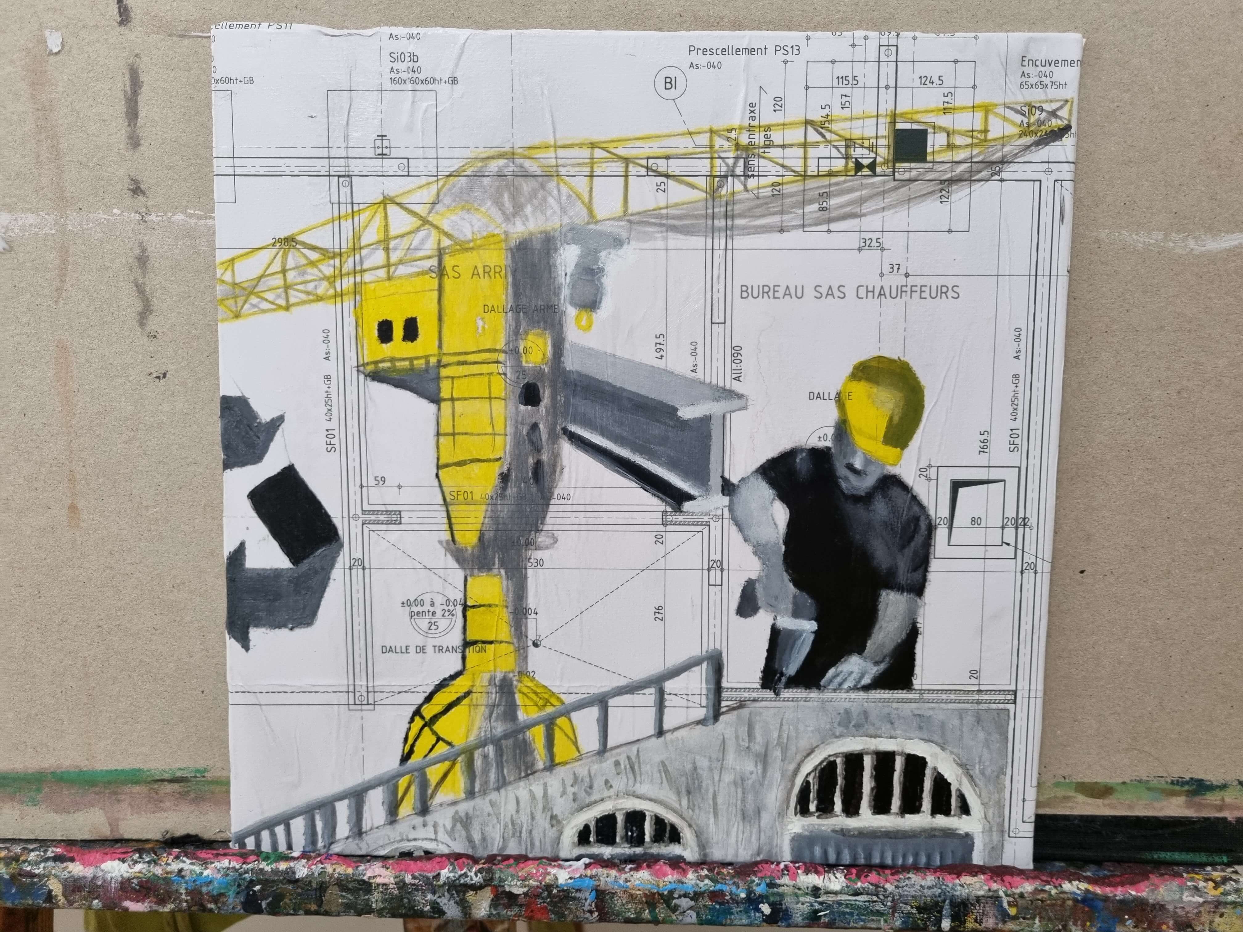 tableau représentant grue et travailleur chantier