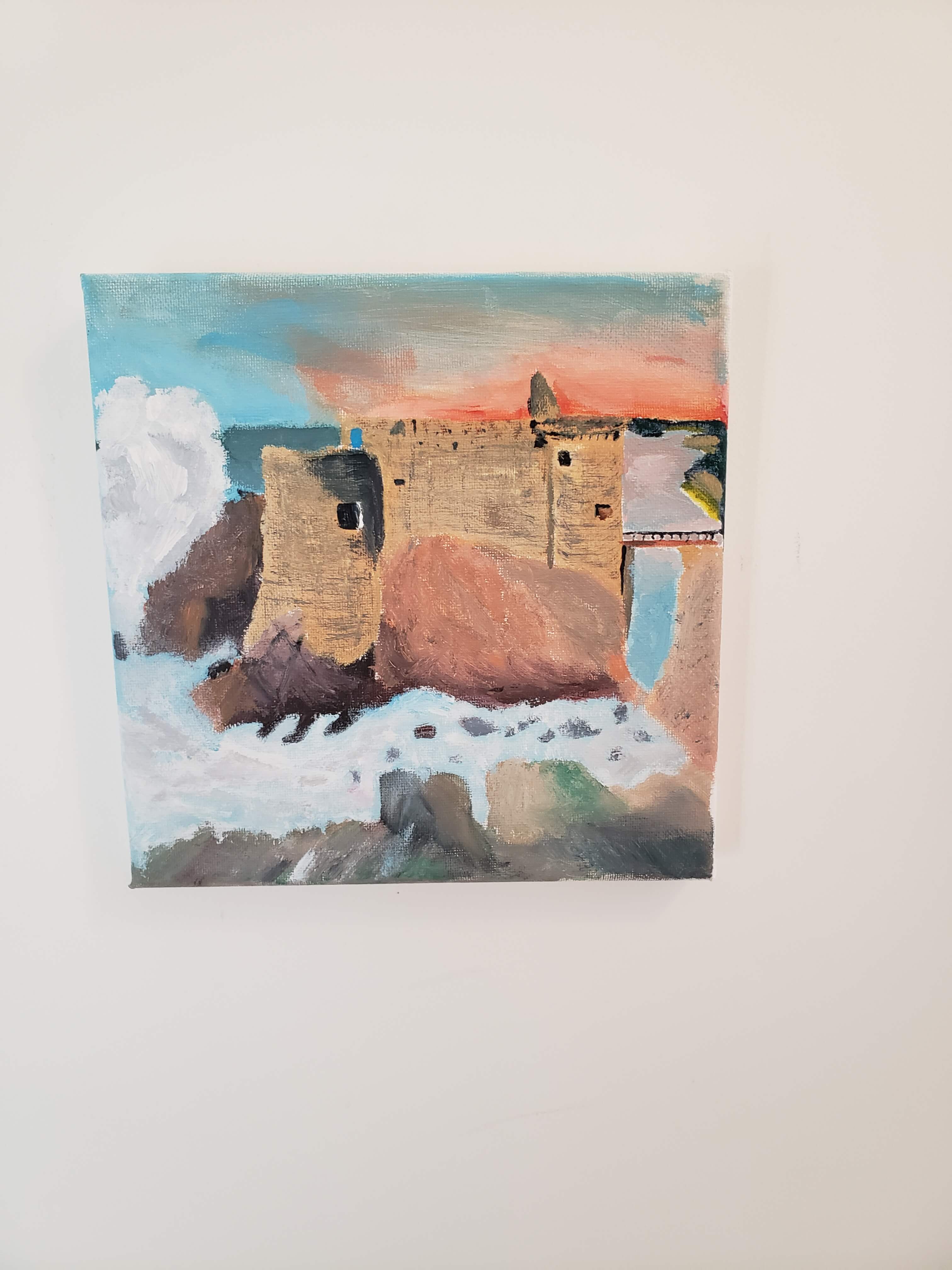 peinture du vieux château de lile dyeu dans une tempete
